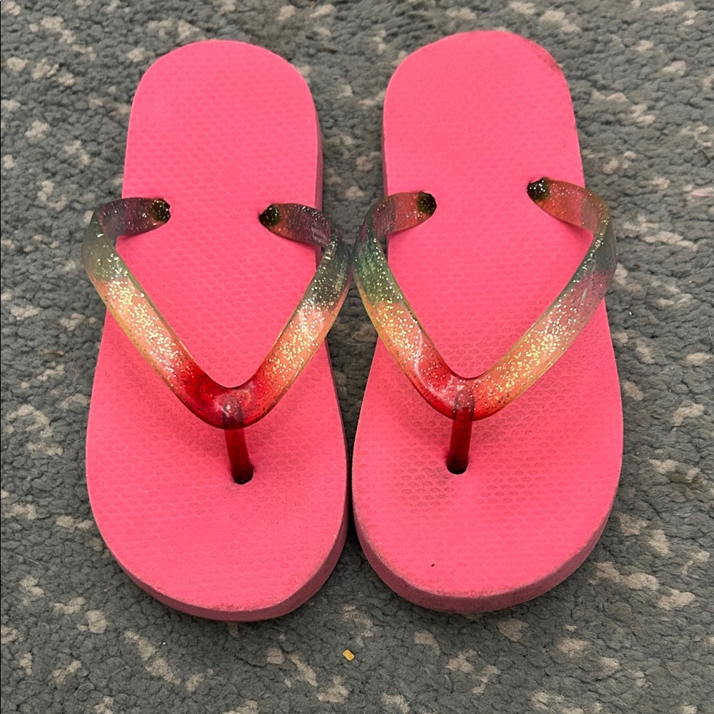 Source Unknown Pink and Rainbow Glitter Flip Flops